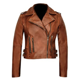 Klassische asymmetrische Schaffell-Lederjacke für Damen im Reversstil in Braun